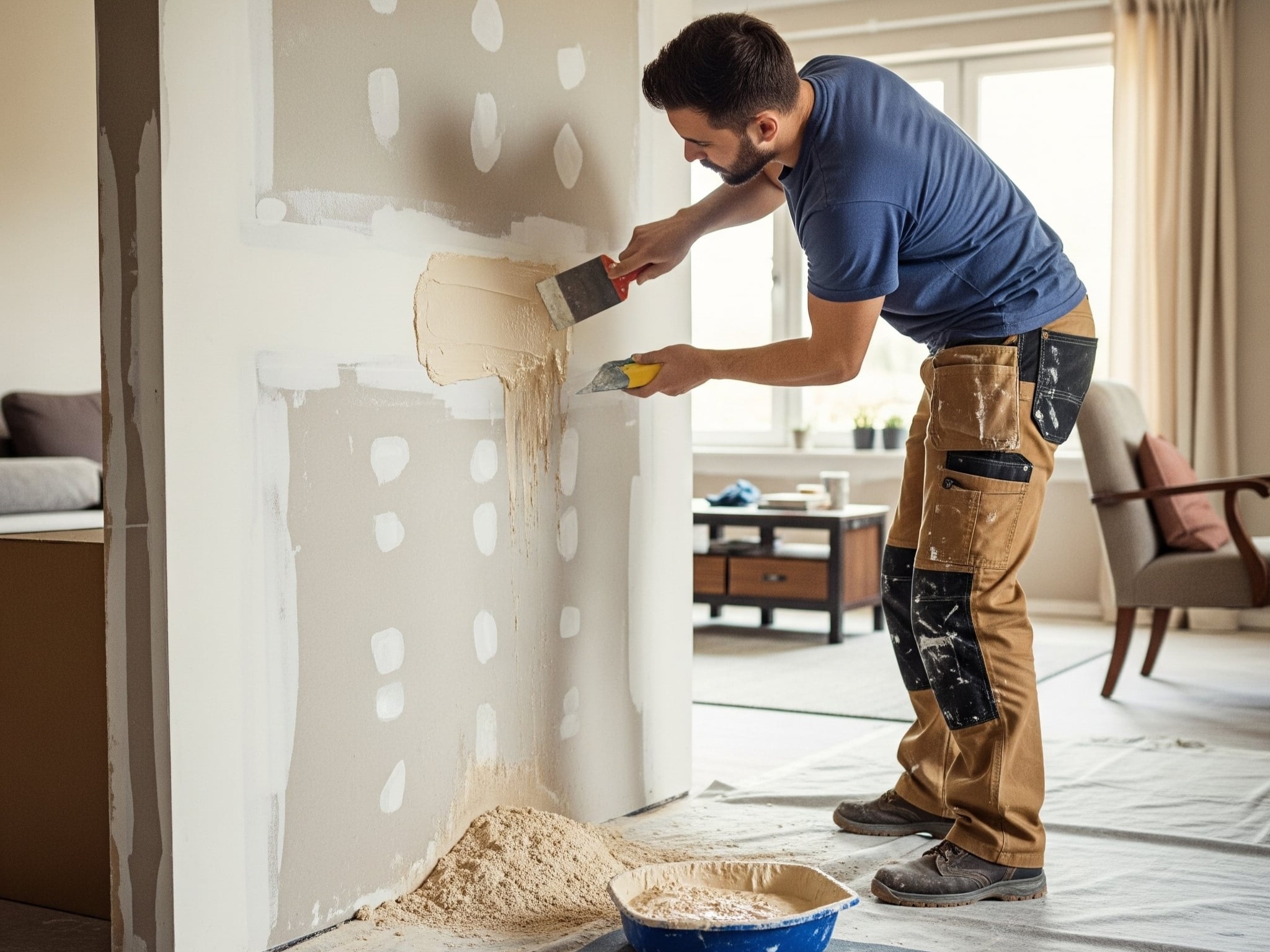 A professional contractor repairing a residential drywall